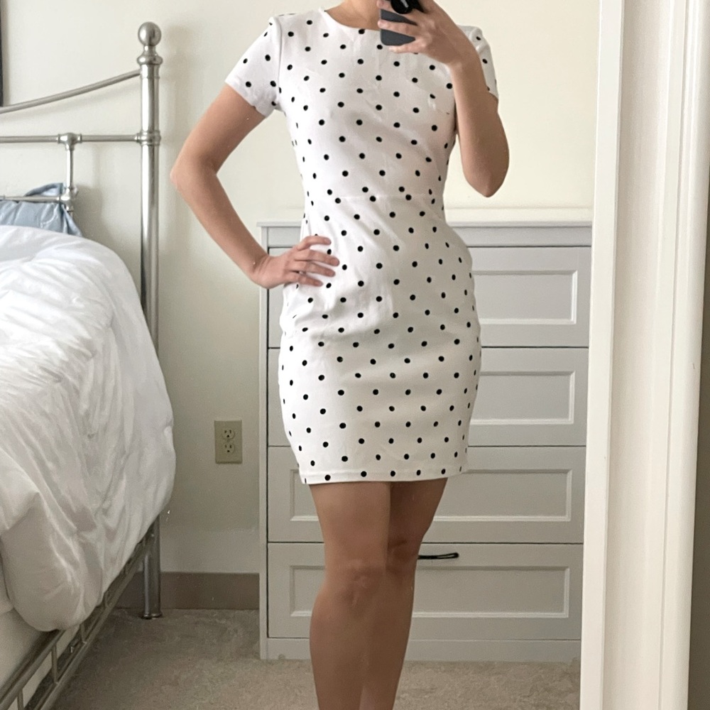 Black and White Polka Dot Bodycon Fitted Dress Thick Cotton XS